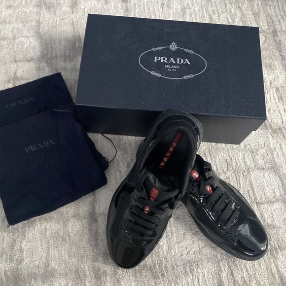 PRADA Mens Americas Cup Black/Mesh Patent Leather Sneakers - Picture 2 of 5